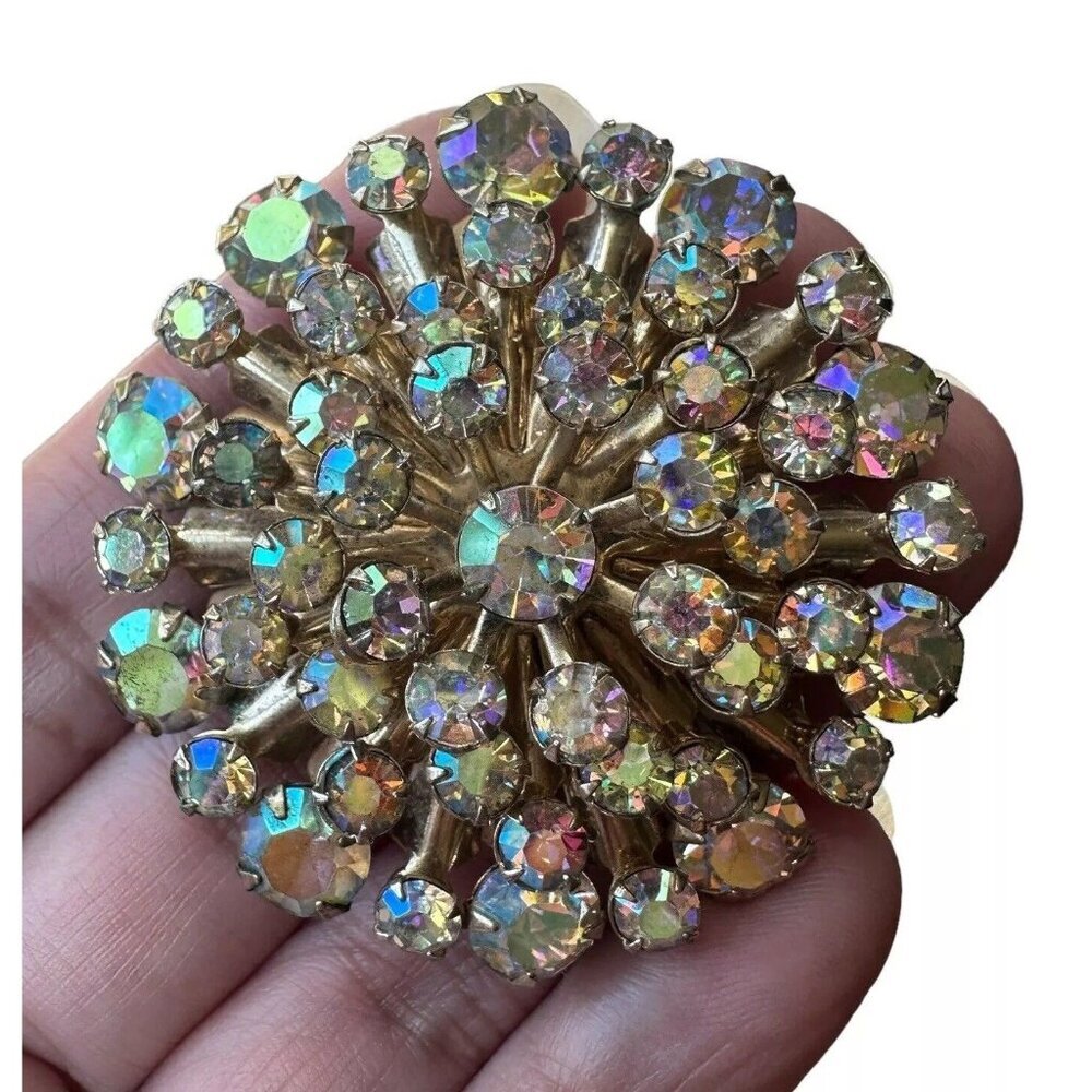 VTG Flower Brooch Pin 2 Inch Layered Aurora‎ Borealis Rhinestones Sparkly Tiered